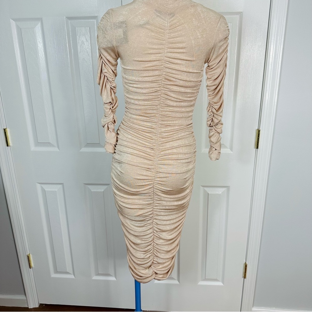 PRETTYLITTLETHING nude acetate slinky longsleeve rushed midaxi shirt dress 4 - Picture 4 of 11